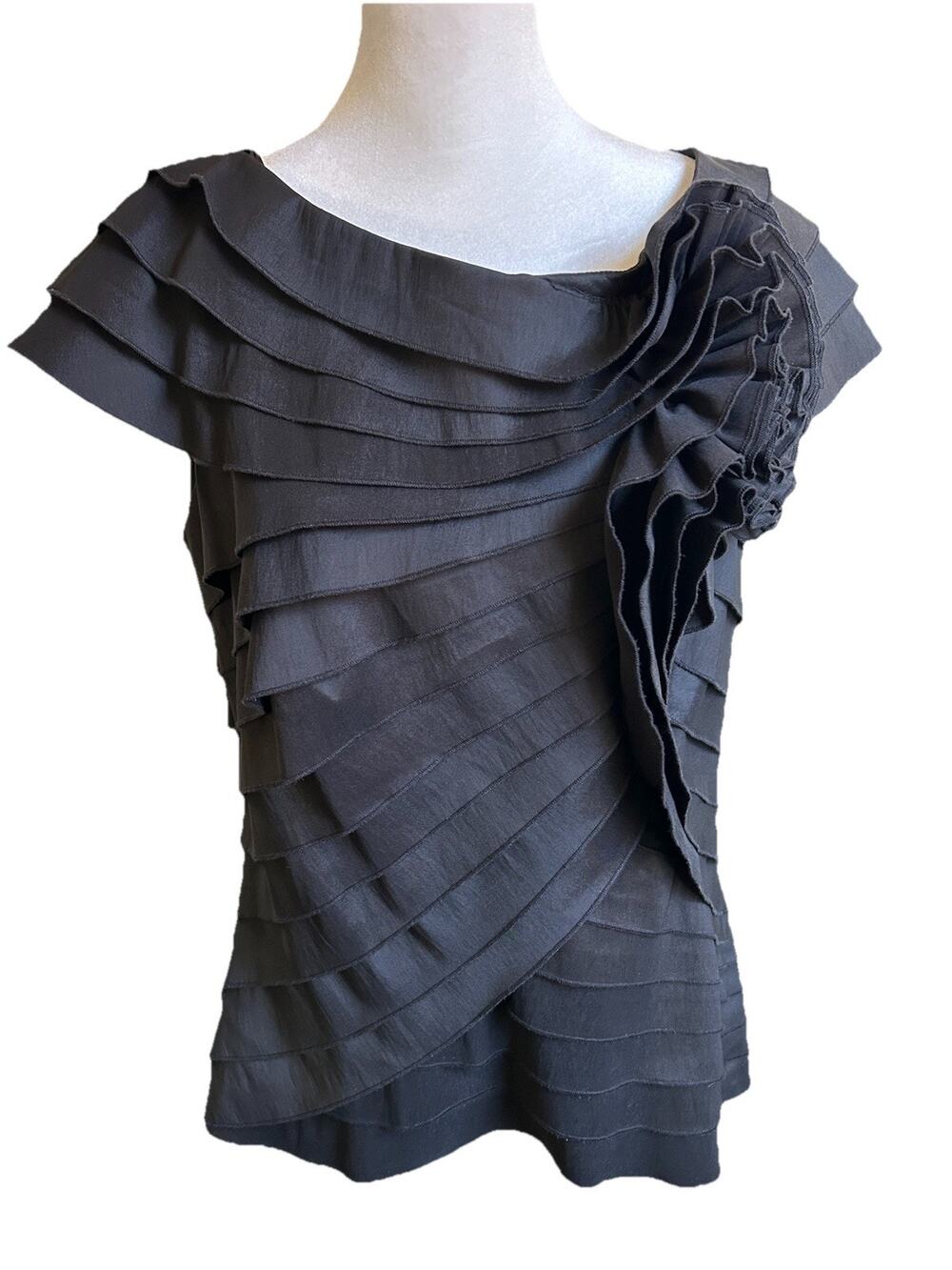 Tadashi Collection Black Taffeta Blouse Size 14 Rosette Ruffle Evening Top